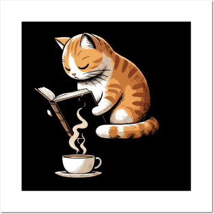 Thoughtful Cat Reading with Cup of Coffee Cat Lovers graphic Posters and Art